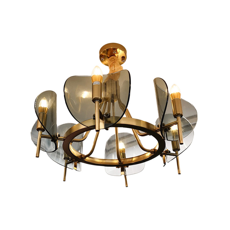 Curved Sheet Chandelier Lamp Mid-Century Clear Glass 6/8-Bulb Gold Hanging Light Fixture with Open Bulb Design Clearhalo 'Ceiling Lights' 'Chandeliers' 'Close To Ceiling Lights' 'Glass shade' 'Glass' 'Modern Chandeliers' 'Modern' Lighting' 1476145