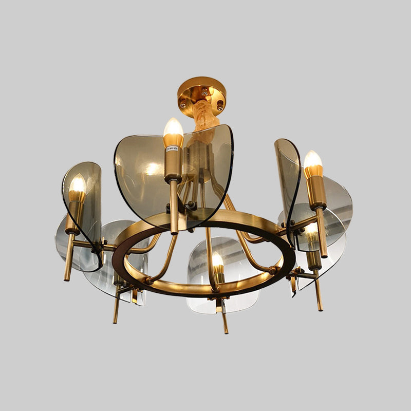 Curved Sheet Chandelier Lamp Mid-Century Clear Glass 6/8-Bulb Gold Hanging Light Fixture with Open Bulb Design Clearhalo 'Ceiling Lights' 'Chandeliers' 'Close To Ceiling Lights' 'Glass shade' 'Glass' 'Modern Chandeliers' 'Modern' Lighting' 1476146