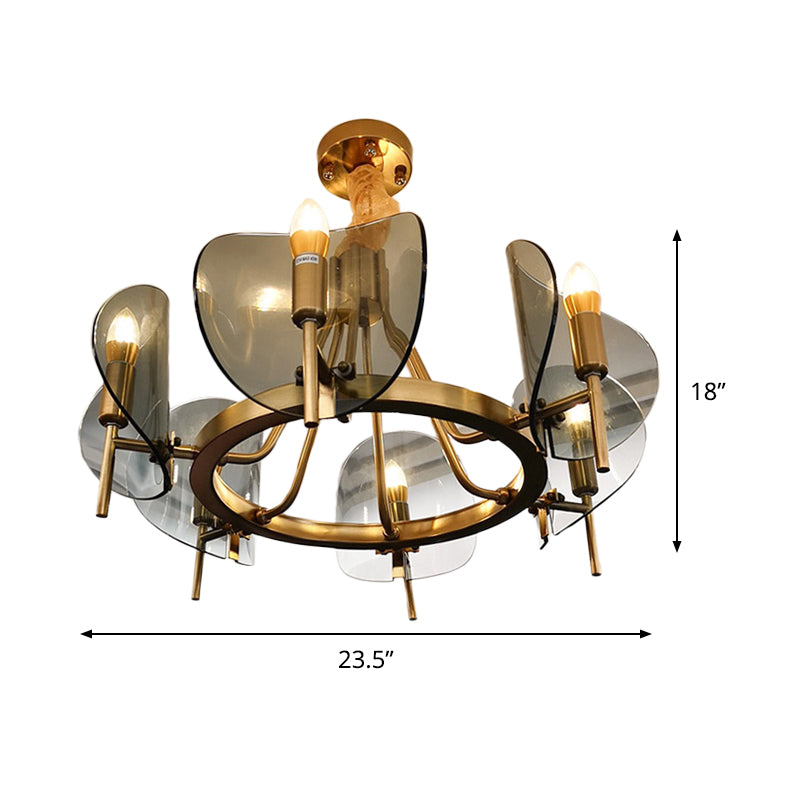Curved Sheet Chandelier Lamp Mid-Century Clear Glass 6/8-Bulb Gold Hanging Light Fixture with Open Bulb Design Clearhalo 'Ceiling Lights' 'Chandeliers' 'Close To Ceiling Lights' 'Glass shade' 'Glass' 'Modern Chandeliers' 'Modern' Lighting' 1476147
