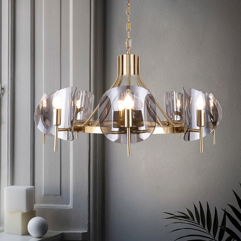 Curved Sheet Chandelier Lamp Mid-Century Clear Glass 6/8-Bulb Gold Hanging Light Fixture with Open Bulb Design Clearhalo 'Ceiling Lights' 'Chandeliers' 'Close To Ceiling Lights' 'Glass shade' 'Glass' 'Modern Chandeliers' 'Modern' Lighting' 1476148