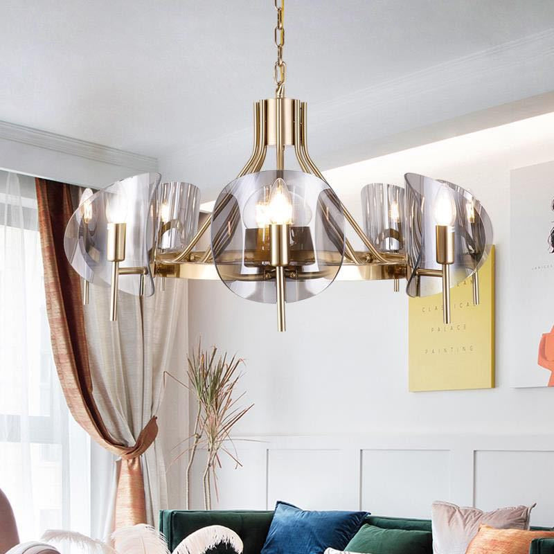 Curved Sheet Chandelier Lamp Mid-Century Clear Glass 6/8-Bulb Gold Hanging Light Fixture with Open Bulb Design 8 Gold Clearhalo 'Ceiling Lights' 'Chandeliers' 'Close To Ceiling Lights' 'Glass shade' 'Glass' 'Modern Chandeliers' 'Modern' Lighting' 1476149