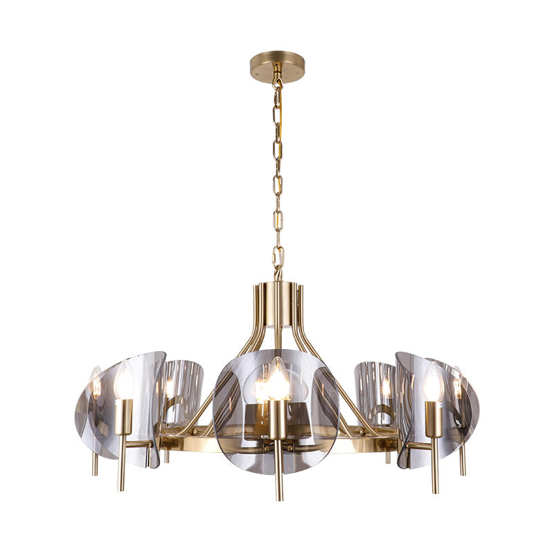 Curved Sheet Chandelier Lamp Mid-Century Clear Glass 6/8-Bulb Gold Hanging Light Fixture with Open Bulb Design Clearhalo 'Ceiling Lights' 'Chandeliers' 'Close To Ceiling Lights' 'Glass shade' 'Glass' 'Modern Chandeliers' 'Modern' Lighting' 1476150