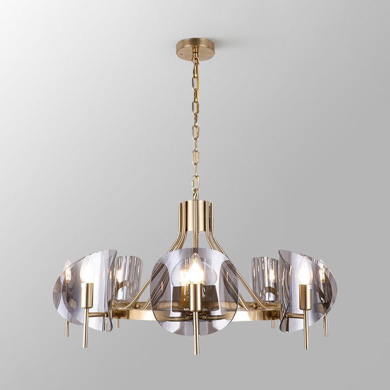 Curved Sheet Chandelier Lamp Mid-Century Clear Glass 6/8-Bulb Gold Hanging Light Fixture with Open Bulb Design Clearhalo 'Ceiling Lights' 'Chandeliers' 'Close To Ceiling Lights' 'Glass shade' 'Glass' 'Modern Chandeliers' 'Modern' Lighting' 1476151
