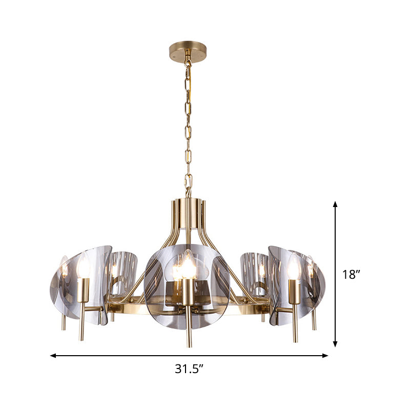 Curved Sheet Chandelier Lamp Mid-Century Clear Glass 6/8-Bulb Gold Hanging Light Fixture with Open Bulb Design Clearhalo 'Ceiling Lights' 'Chandeliers' 'Close To Ceiling Lights' 'Glass shade' 'Glass' 'Modern Chandeliers' 'Modern' Lighting' 1476152