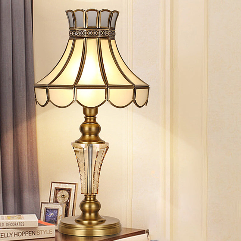 1 Bulb Scalloped Night Table Lamp Traditional Gold Finish Beige Glass Nightstand Lighting with Crystal Accent Gold Clearhalo 'Lamps' 'Table Lamps' Lighting' 1476176