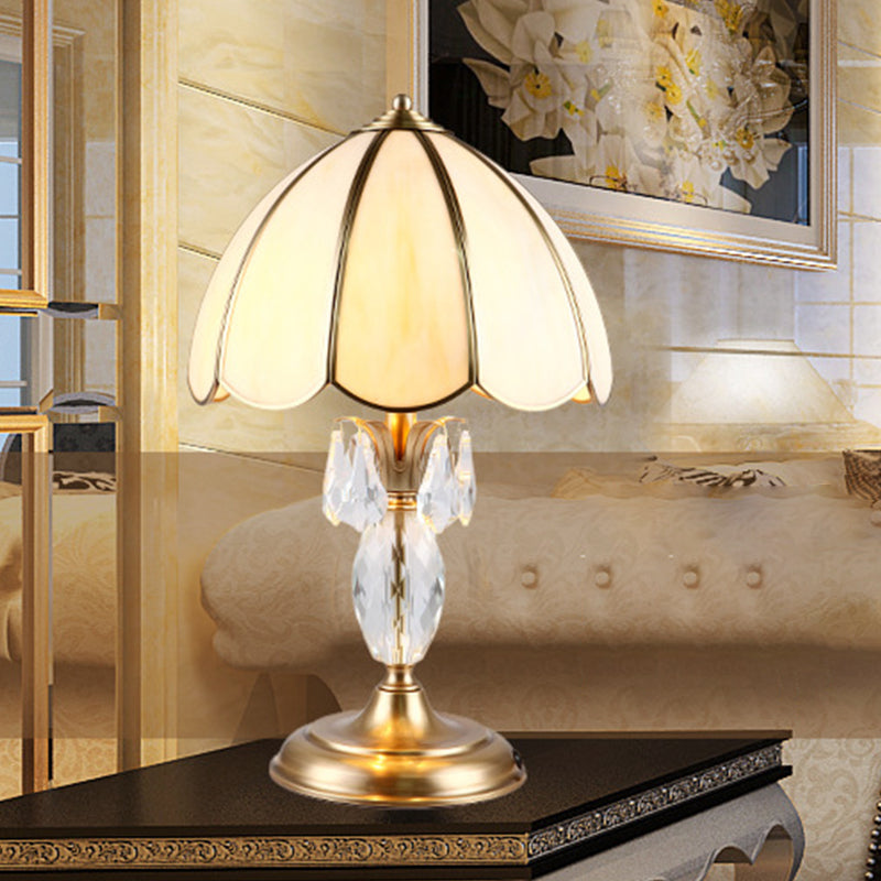 1 Light Beige Glass Table Lighting Classic Gold Dome Bedroom Night Lamp with Clear Crystal Accent Clearhalo 'Lamps' 'Table Lamps' Lighting' 1476182