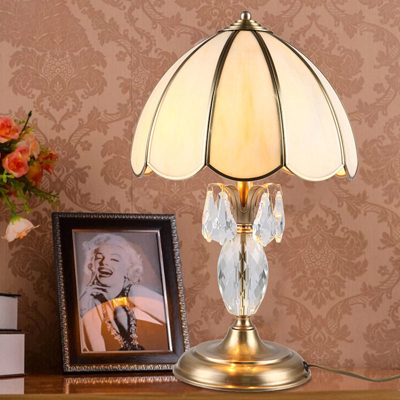 1 Light Beige Glass Table Lighting Classic Gold Dome Bedroom Night Lamp with Clear Crystal Accent Clearhalo 'Lamps' 'Table Lamps' Lighting' 1476183