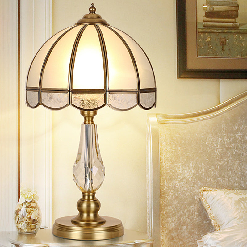 1 Bulb Night Table Lamp Vintage Scalloped Shade Beige/Frosted Glass Nightstand Light in Gold with Clear Crystal Accent Clearhalo 'Lamps' 'Table Lamps' Lighting' 1476186
