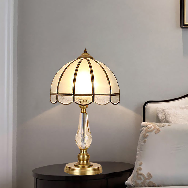 1 Bulb Night Table Lamp Vintage Scalloped Shade Beige/Frosted Glass Nightstand Light in Gold with Clear Crystal Accent Clearhalo 'Lamps' 'Table Lamps' Lighting' 1476187