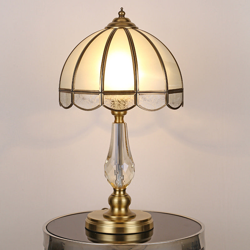 1 Bulb Night Table Lamp Vintage Scalloped Shade Beige/Frosted Glass Nightstand Light in Gold with Clear Crystal Accent Gold B Clearhalo 'Lamps' 'Table Lamps' Lighting' 1476188