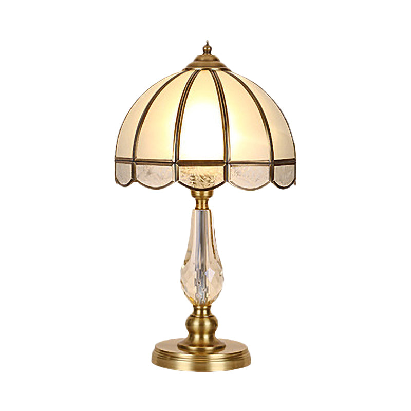 1 Bulb Night Table Lamp Vintage Scalloped Shade Beige/Frosted Glass Nightstand Light in Gold with Clear Crystal Accent Clearhalo 'Lamps' 'Table Lamps' Lighting' 1476189