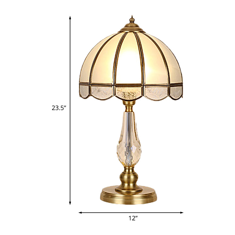 1 Bulb Night Table Lamp Vintage Scalloped Shade Beige/Frosted Glass Nightstand Light in Gold with Clear Crystal Accent Clearhalo 'Lamps' 'Table Lamps' Lighting' 1476190