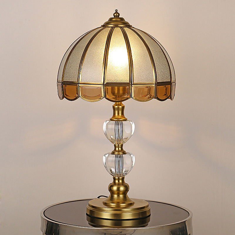 1 Bulb Night Table Lamp Vintage Scalloped Shade Beige/Frosted Glass Nightstand Light in Gold with Clear Crystal Accent Clearhalo 'Lamps' 'Table Lamps' Lighting' 1476191
