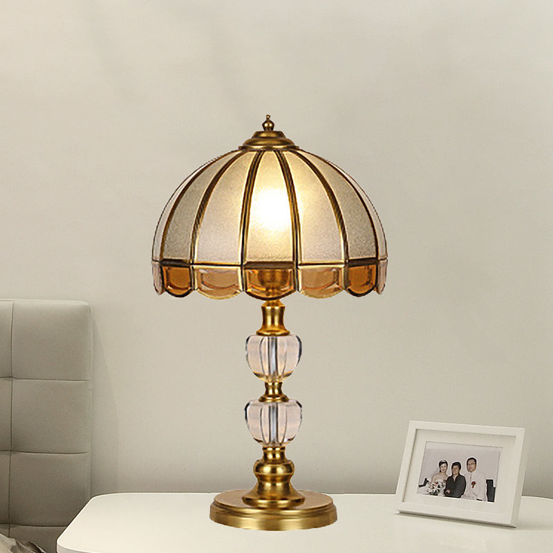 1 Bulb Night Table Lamp Vintage Scalloped Shade Beige/Frosted Glass Nightstand Light in Gold with Clear Crystal Accent Clearhalo 'Lamps' 'Table Lamps' Lighting' 1476192