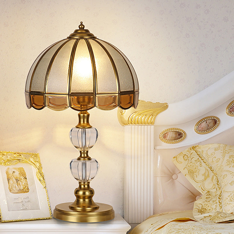 1 Bulb Night Table Lamp Vintage Scalloped Shade Beige/Frosted Glass Nightstand Light in Gold with Clear Crystal Accent Gold C Clearhalo 'Lamps' 'Table Lamps' Lighting' 1476193