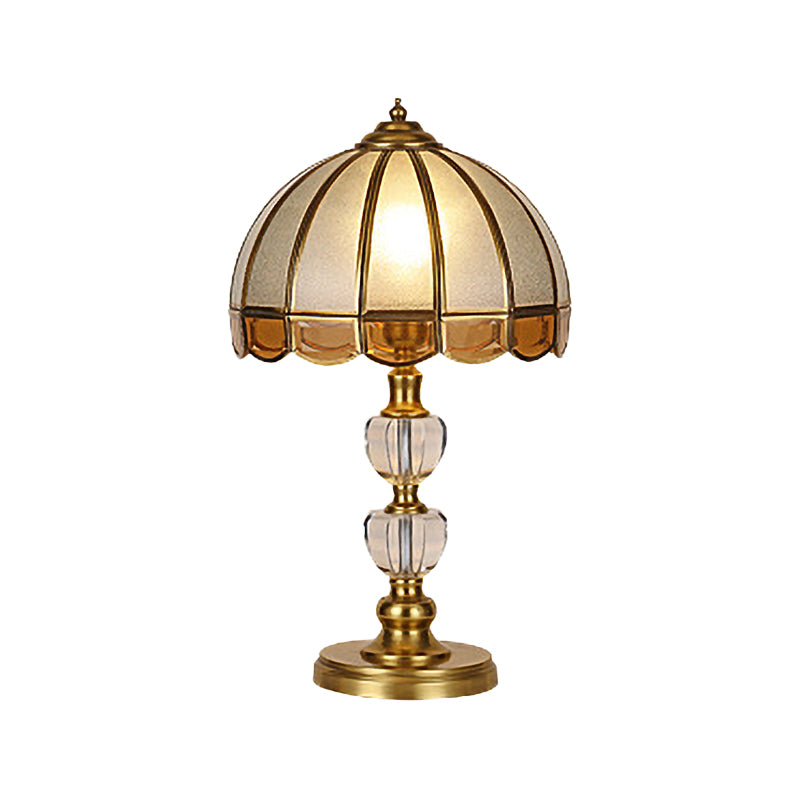 1 Bulb Night Table Lamp Vintage Scalloped Shade Beige/Frosted Glass Nightstand Light in Gold with Clear Crystal Accent Clearhalo 'Lamps' 'Table Lamps' Lighting' 1476194