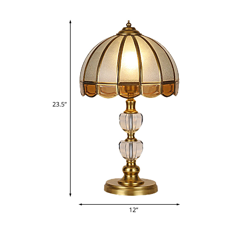 1 Bulb Night Table Lamp Vintage Scalloped Shade Beige/Frosted Glass Nightstand Light in Gold with Clear Crystal Accent Clearhalo 'Lamps' 'Table Lamps' Lighting' 1476195