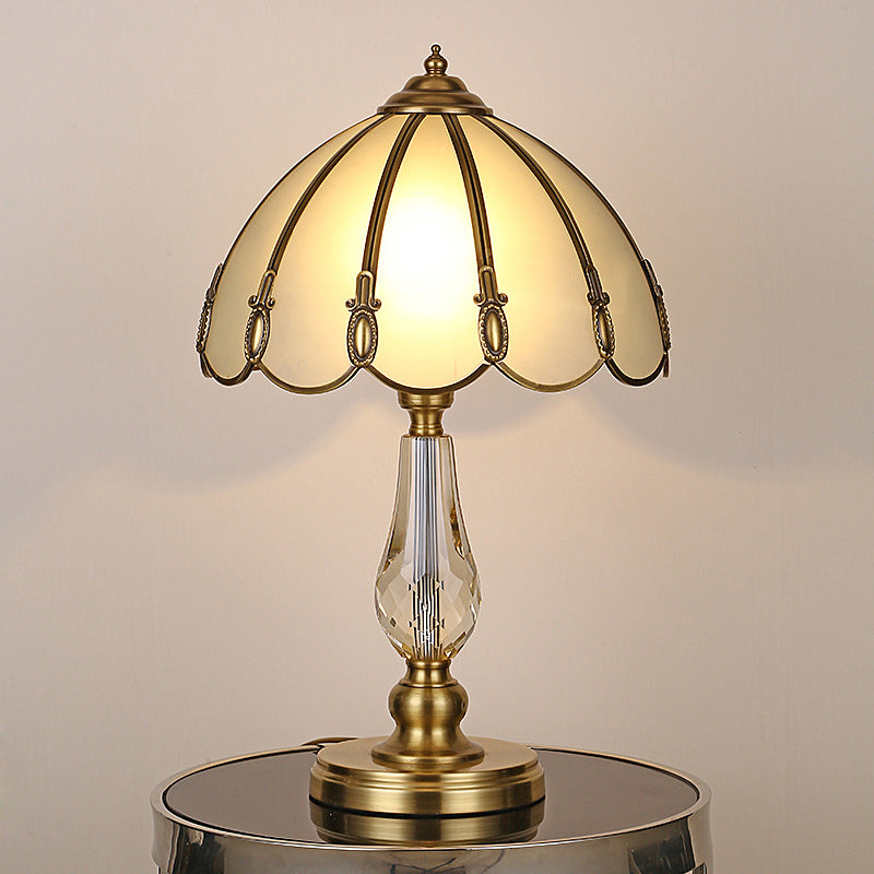 1 Bulb Night Table Lamp Vintage Scalloped Shade Beige/Frosted Glass Nightstand Light in Gold with Clear Crystal Accent Clearhalo 'Lamps' 'Table Lamps' Lighting' 1476196