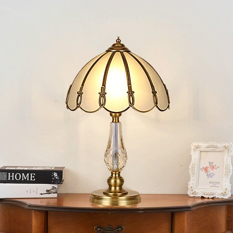 1 Bulb Night Table Lamp Vintage Scalloped Shade Beige/Frosted Glass Nightstand Light in Gold with Clear Crystal Accent Clearhalo 'Lamps' 'Table Lamps' Lighting' 1476197