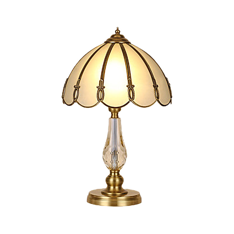 1 Bulb Night Table Lamp Vintage Scalloped Shade Beige/Frosted Glass Nightstand Light in Gold with Clear Crystal Accent Clearhalo 'Lamps' 'Table Lamps' Lighting' 1476199