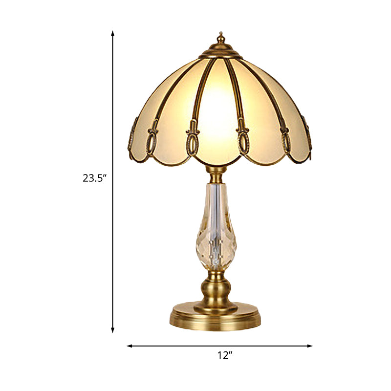 1 Bulb Night Table Lamp Vintage Scalloped Shade Beige/Frosted Glass Nightstand Light in Gold with Clear Crystal Accent Clearhalo 'Lamps' 'Table Lamps' Lighting' 1476200