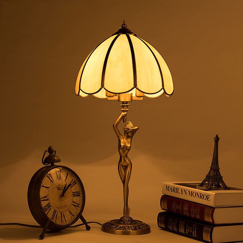Scalloped Bedroom Night Lamp Colonialism Beige Glass 2-Head Gold Table Lighting with Naked Woman Base Clearhalo 'Lamps' 'Table Lamps' Lighting' 1476202