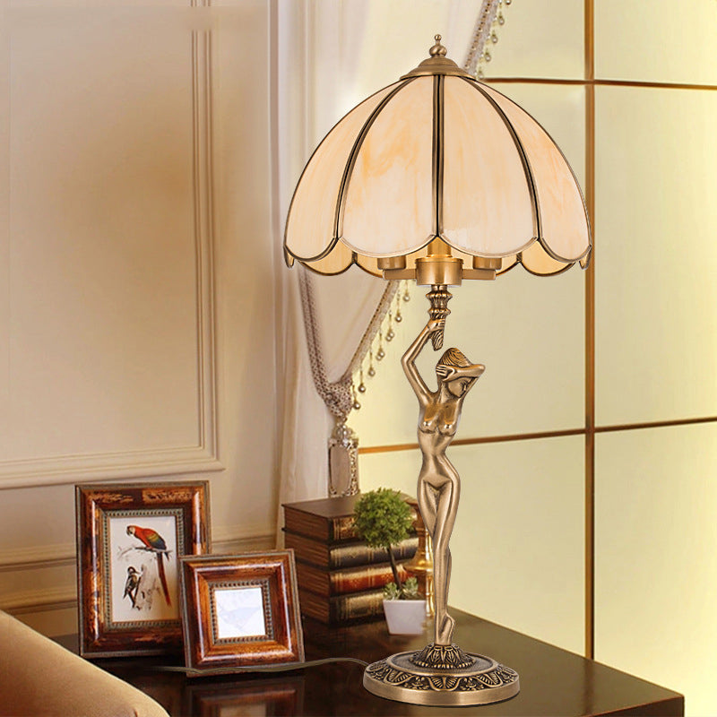 Scalloped Bedroom Night Lamp Colonialism Beige Glass 2-Head Gold Table Lighting with Naked Woman Base Clearhalo 'Lamps' 'Table Lamps' Lighting' 1476203