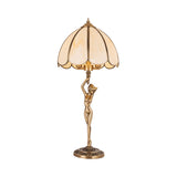 Scalloped Bedroom Night Lamp Colonialism Beige Glass 2-Head Gold Table Lighting with Naked Woman Base Clearhalo 'Lamps' 'Table Lamps' Lighting' 1476204
