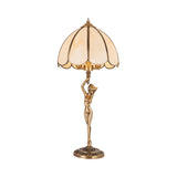 Scalloped Bedroom Night Lamp Colonialism Beige Glass 2-Head Gold Table Lighting with Naked Woman Base Clearhalo 'Lamps' 'Table Lamps' Lighting' 1476204