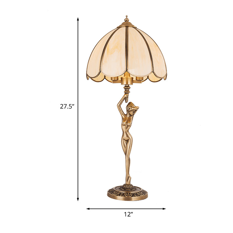 Scalloped Bedroom Night Lamp Colonialism Beige Glass 2-Head Gold Table Lighting with Naked Woman Base Clearhalo 'Lamps' 'Table Lamps' Lighting' 1476205