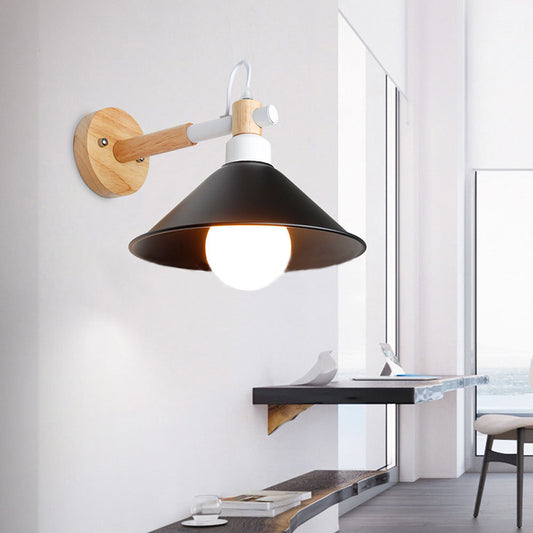 1 Head Conic Wall Sconce Light Nordic Style Black Metallic Wall Lighting with Wooden Backplate Black Clearhalo 'Cast Iron' 'Glass' 'Industrial' 'Modern wall lights' 'Modern' 'Tiffany' 'Traditional wall lights' 'Wall Lamps & Sconces' 'Wall Lights' Lighting' 147620