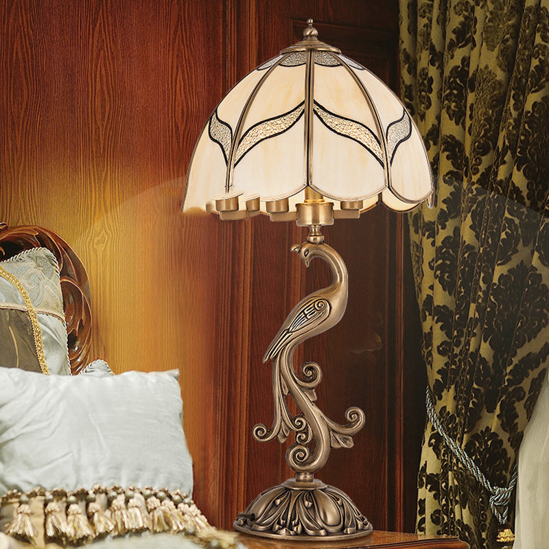 1/2-Light Dome/Bowl Night Lamp Traditional Gold Finish White Glass Nightstand Light with Peacock/Elliptical Frame Design Clearhalo 'Lamps' 'Table Lamps' Lighting' 1476216