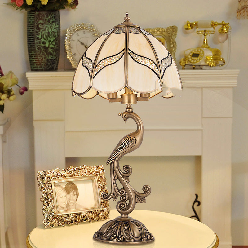 1/2-Light Dome/Bowl Night Lamp Traditional Gold Finish White Glass Nightstand Light with Peacock/Elliptical Frame Design Clearhalo 'Lamps' 'Table Lamps' Lighting' 1476217