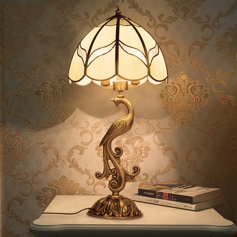 1/2-Light Dome/Bowl Night Lamp Traditional Gold Finish White Glass Nightstand Light with Peacock/Elliptical Frame Design Gold A Clearhalo 'Lamps' 'Table Lamps' Lighting' 1476218