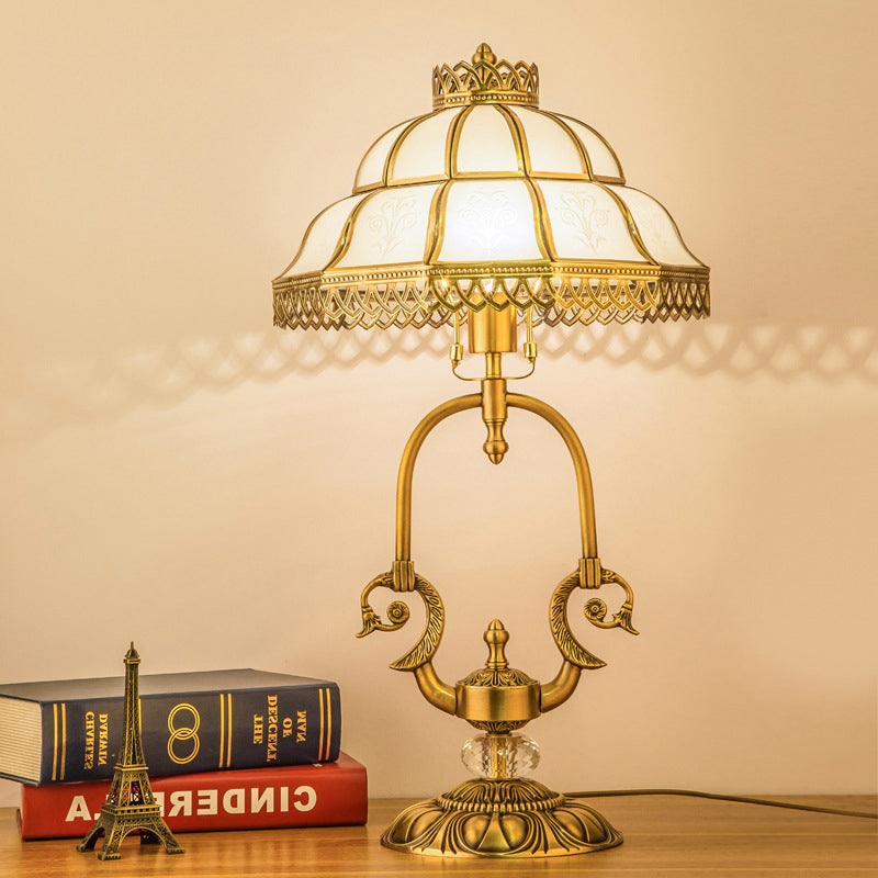 1/2-Light Dome/Bowl Night Lamp Traditional Gold Finish White Glass Nightstand Light with Peacock/Elliptical Frame Design Clearhalo 'Lamps' 'Table Lamps' Lighting' 1476221