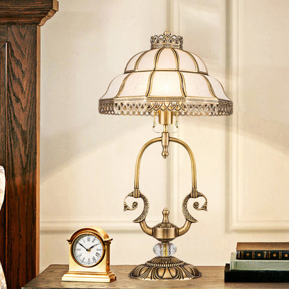 1/2-Light Dome/Bowl Night Lamp Traditional Gold Finish White Glass Nightstand Light with Peacock/Elliptical Frame Design Gold C Clearhalo 'Lamps' 'Table Lamps' Lighting' 1476223