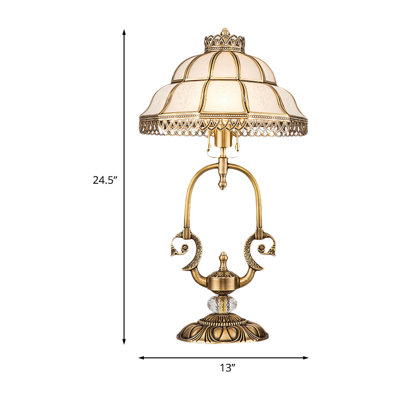 1/2-Light Dome/Bowl Night Lamp Traditional Gold Finish White Glass Nightstand Light with Peacock/Elliptical Frame Design Clearhalo 'Lamps' 'Table Lamps' Lighting' 1476225