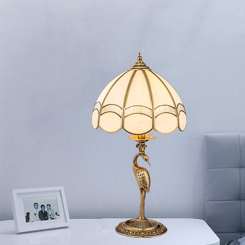 1/2-Light Dome/Bowl Night Lamp Traditional Gold Finish White Glass Nightstand Light with Peacock/Elliptical Frame Design Clearhalo 'Lamps' 'Table Lamps' Lighting' 1476227