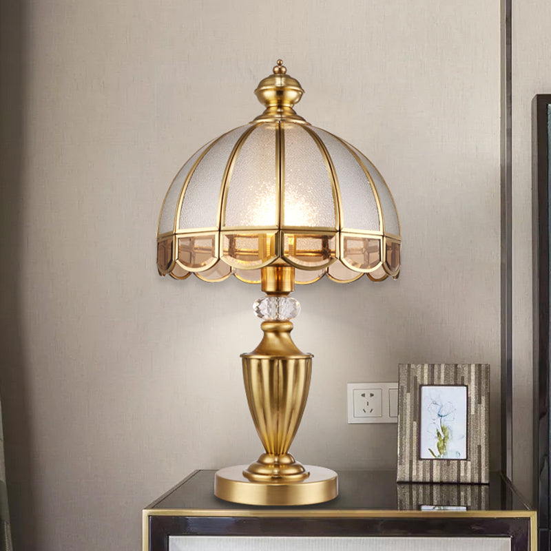 1 Head Frosted Glass Night Light Colonialism Gold Dome Shade Bedroom Metal Table Lamp with Clear Crystal Accent Clearhalo 'Lamps' 'Table Lamps' Lighting' 1476232