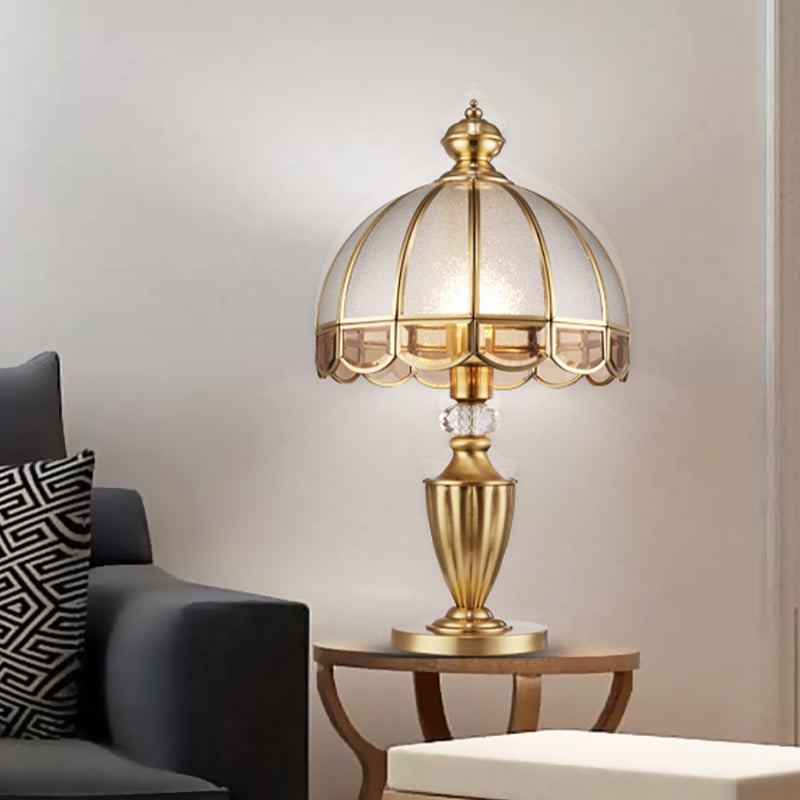 1 Head Frosted Glass Night Light Colonialism Gold Dome Shade Bedroom Metal Table Lamp with Clear Crystal Accent Clearhalo 'Lamps' 'Table Lamps' Lighting' 1476233