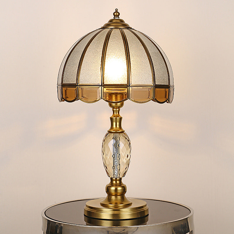 1 Bulb Night Lighting Colonial Scalloped Opal Glass Nightstand Lamp in Gold with Clear Crystal Drop Clearhalo 'Lamps' 'Table Lamps' Lighting' 1476236