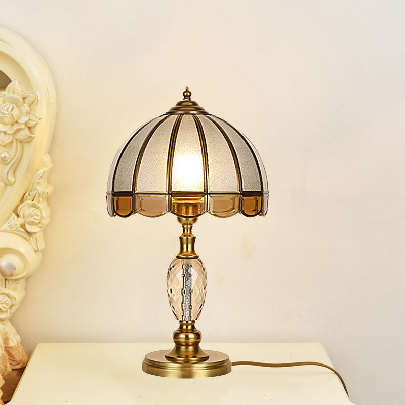 1 Bulb Night Lighting Colonial Scalloped Opal Glass Nightstand Lamp in Gold with Clear Crystal Drop Clearhalo 'Lamps' 'Table Lamps' Lighting' 1476237