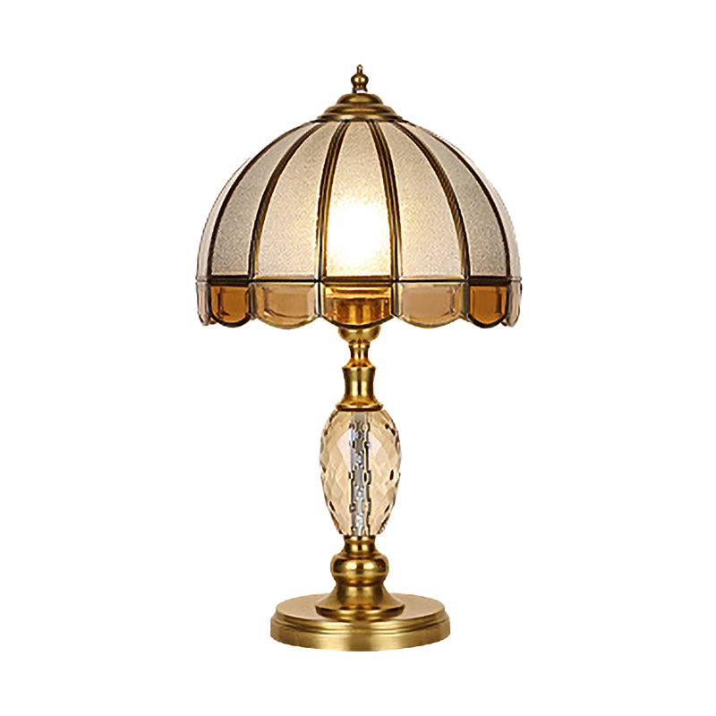 1 Bulb Night Lighting Colonial Scalloped Opal Glass Nightstand Lamp in Gold with Clear Crystal Drop Clearhalo 'Lamps' 'Table Lamps' Lighting' 1476239