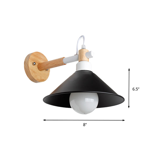 1 Head Conic Wall Sconce Light Nordic Style Black Metallic Wall Lighting with Wooden Backplate Clearhalo 'Cast Iron' 'Glass' 'Industrial' 'Modern wall lights' 'Modern' 'Tiffany' 'Traditional wall lights' 'Wall Lamps & Sconces' 'Wall Lights' Lighting' 147623