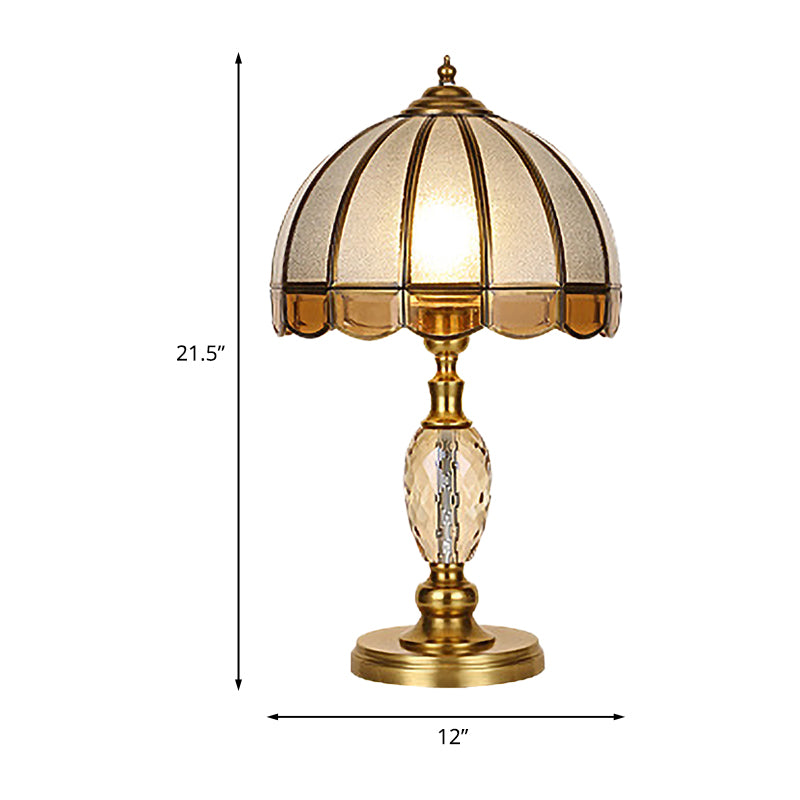 1 Bulb Night Lighting Colonial Scalloped Opal Glass Nightstand Lamp in Gold with Clear Crystal Drop Clearhalo 'Lamps' 'Table Lamps' Lighting' 1476240