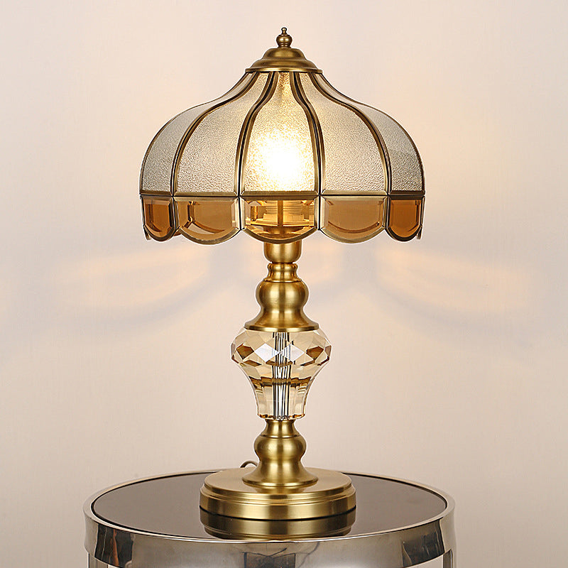 1 Bulb Night Lighting Colonial Scalloped Opal Glass Nightstand Lamp in Gold with Clear Crystal Drop Clearhalo 'Lamps' 'Table Lamps' Lighting' 1476241
