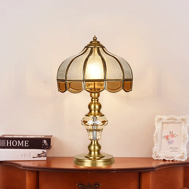1 Bulb Night Lighting Colonial Scalloped Opal Glass Nightstand Lamp in Gold with Clear Crystal Drop Clearhalo 'Lamps' 'Table Lamps' Lighting' 1476242