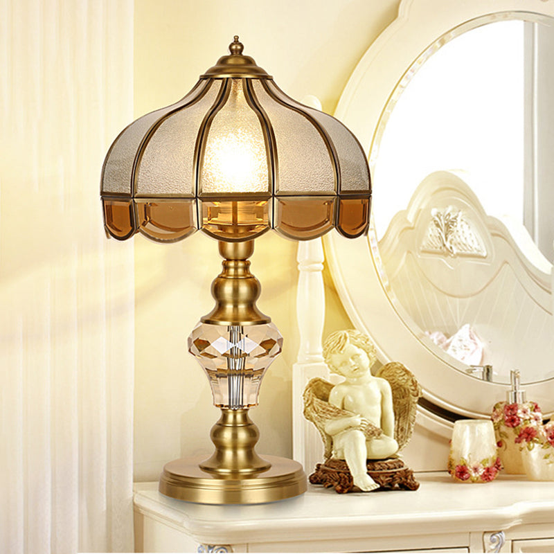 1 Bulb Night Lighting Colonial Scalloped Opal Glass Nightstand Lamp in Gold with Clear Crystal Drop Gold B Clearhalo 'Lamps' 'Table Lamps' Lighting' 1476243