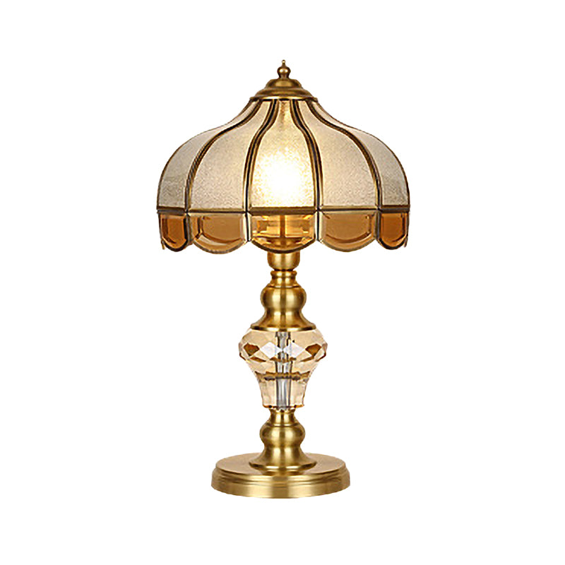 1 Bulb Night Lighting Colonial Scalloped Opal Glass Nightstand Lamp in Gold with Clear Crystal Drop Clearhalo 'Lamps' 'Table Lamps' Lighting' 1476244