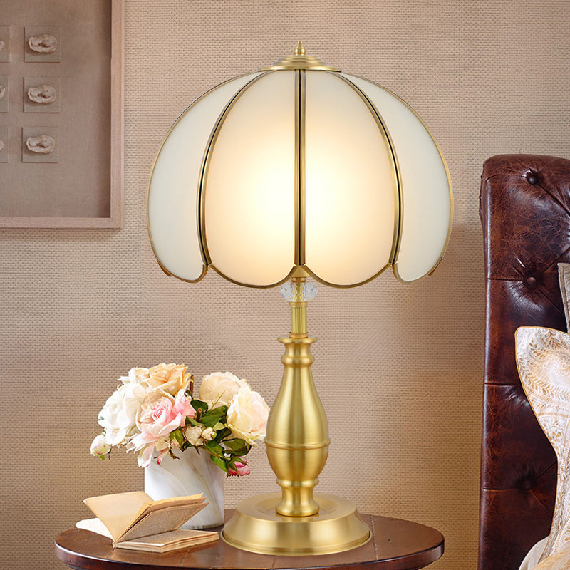 Scalloped Cream Glass Nightstand Lighting Farmhouse Vintage 1-Head Bedside Table Light in Gold Clearhalo 'Lamps' 'Table Lamps' Lighting' 1476258